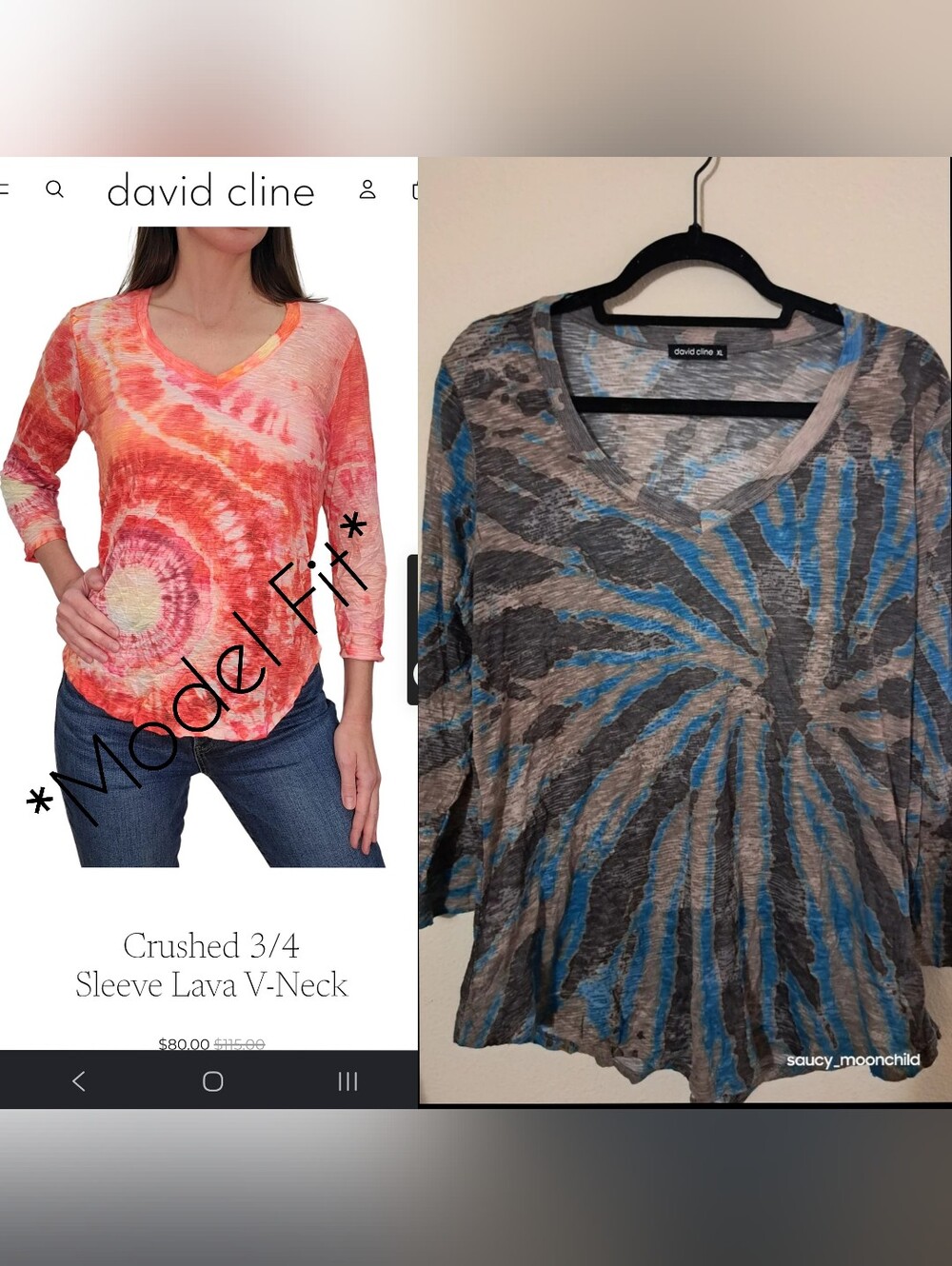 USA Made • David Cline • Thin 3/4 Sleeve Womens Blouse XL Tie Dye Lightweight De